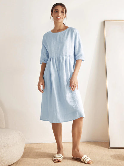 Kurzärmeliges Midi-Leinenkleid für Damen-Midi Dress-Alpenkind