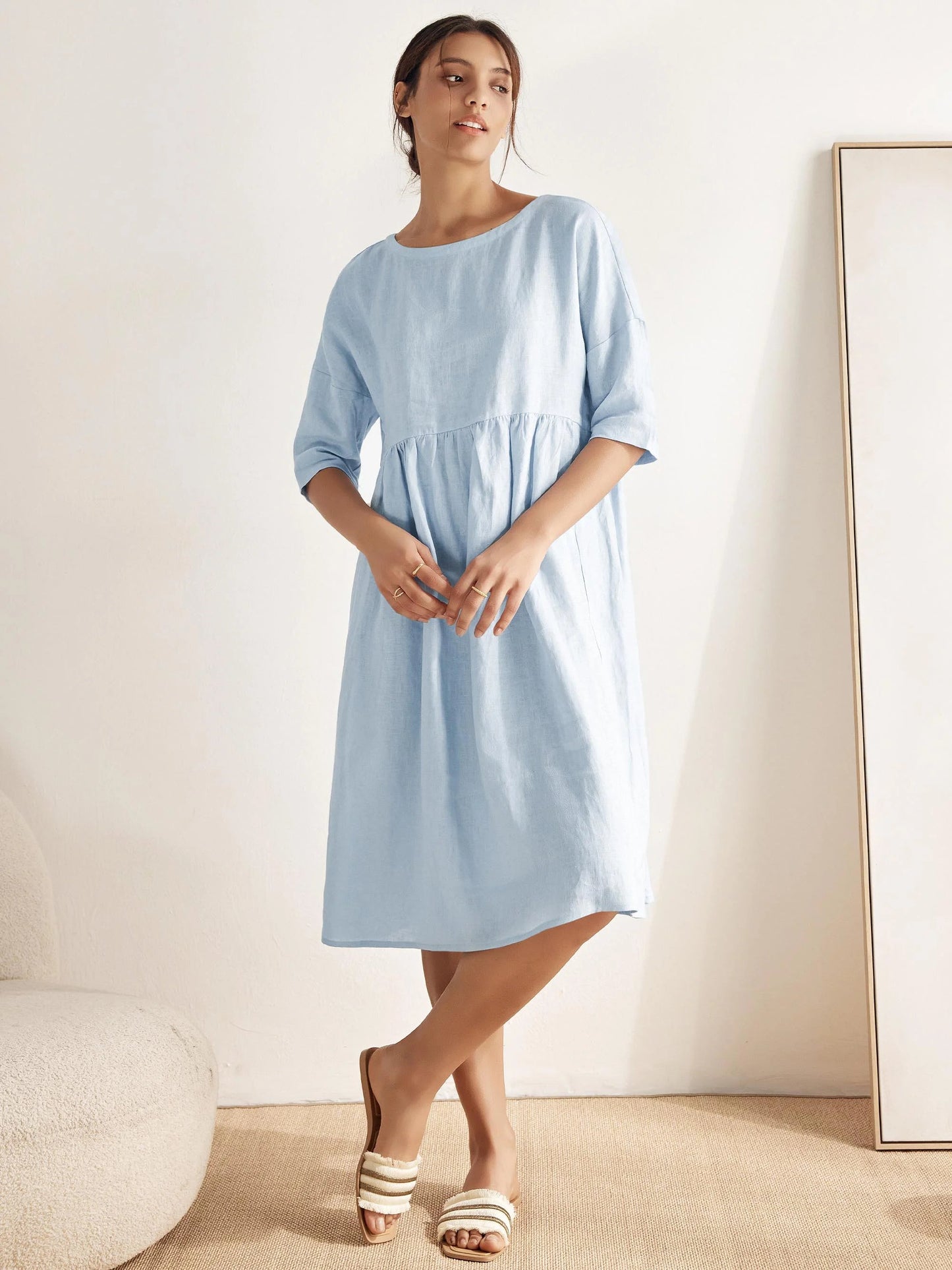 Kurzärmeliges Midi-Leinenkleid für Damen-Midi Dress-Alpenkind