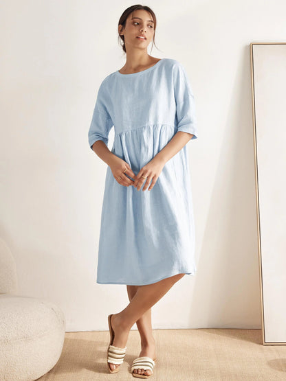 Kurzärmeliges Midi-Leinenkleid für Damen-Midi Dress-Alpenkind