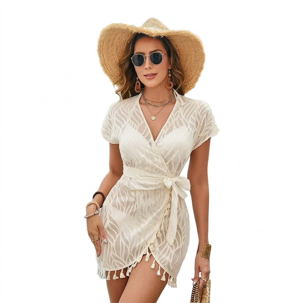 Kurzärmeliges Wickel-Strandkleid mit Quasten für Damen-Swimwear for women-Alpenkind