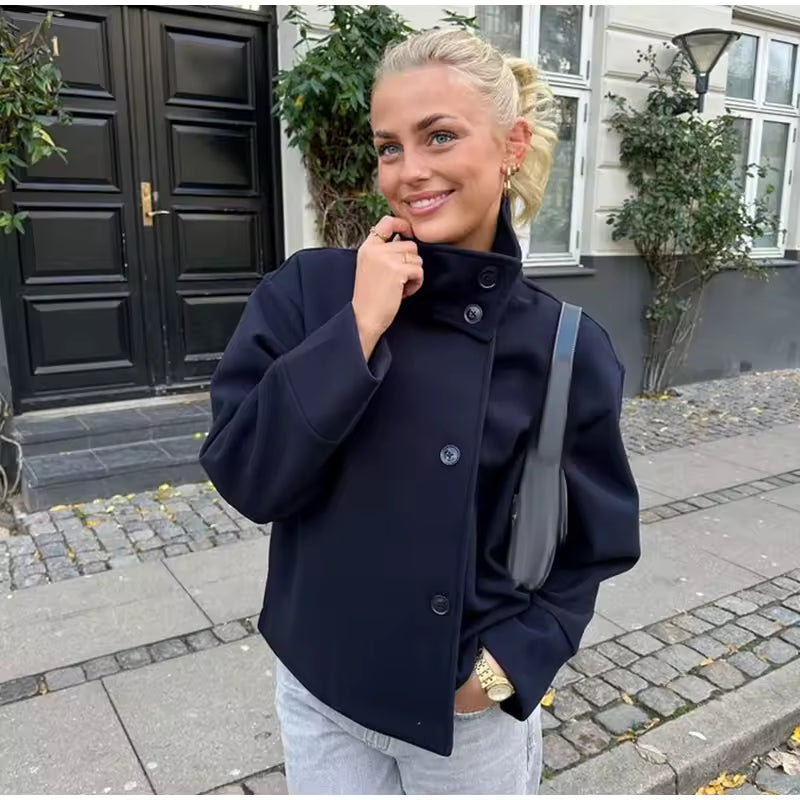 Kurze Damenjacke mit Stehkragen und Knopfleiste-Jacket for women-Alpenkind
