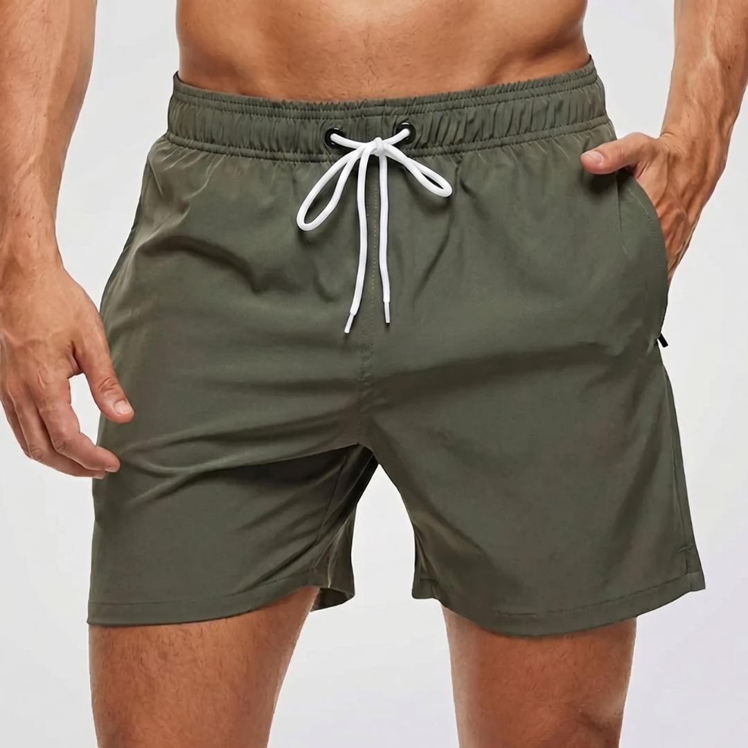 Kurze Herren-Badeshorts mit Kontrastbund-Swimwear for men-Alpenkind