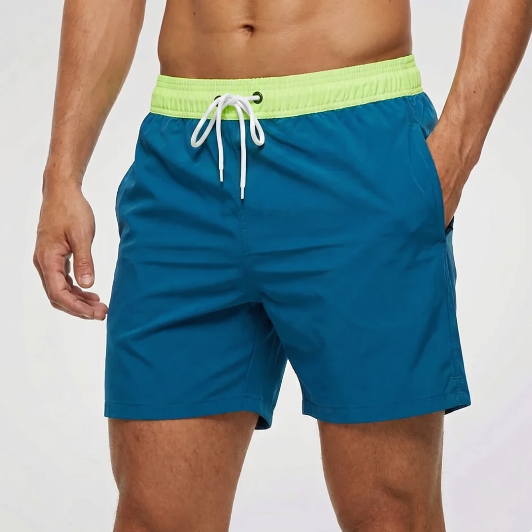 Kurze Herren-Badeshorts mit Kontrastbund-Swimwear for men-Alpenkind