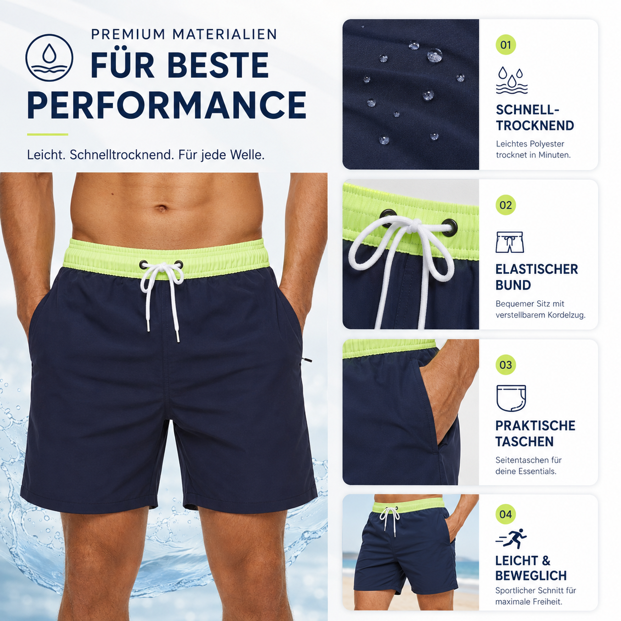 Kurze Herren-Badeshorts mit Kontrastbund-Swimwear for men-Alpenkind