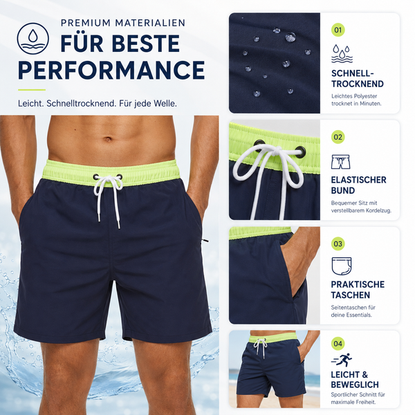 Kurze Herren-Badeshorts mit Kontrastbund-Swimwear for men-Alpenkind