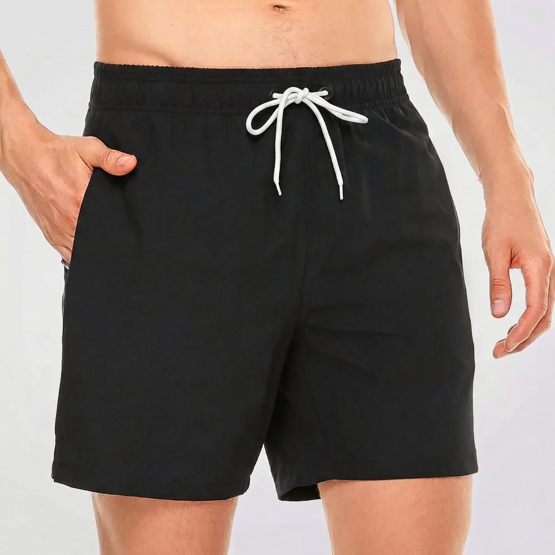 Kurze Herren-Badeshorts mit Kontrastbund-Swimwear for men-Alpenkind