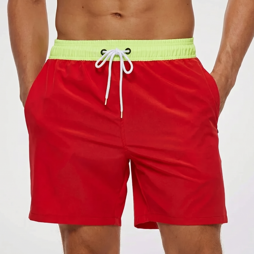 Kurze Herren-Badeshorts mit Kontrastbund-Swimwear for men-Alpenkind