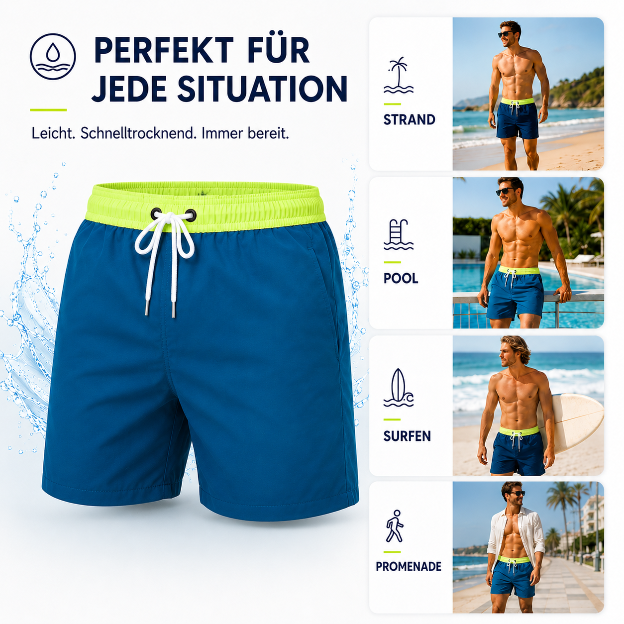 Kurze Herren-Badeshorts mit Kontrastbund-Swimwear for men-Alpenkind