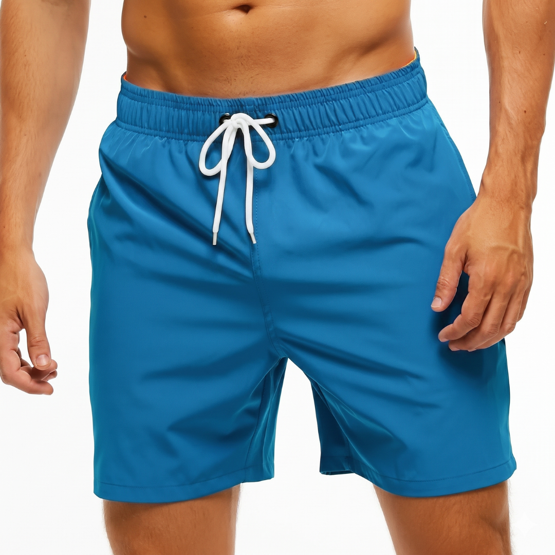 Kurze Herren-Badeshorts mit Kontrastbund-Swimwear for men-Alpenkind