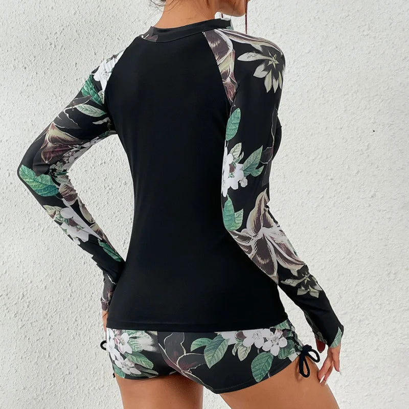 Langärmliger Rashguard-Badeanzug mit Frontreißverschluss und Blumenmuster für Damen-Swimwear for women-Alpenkind