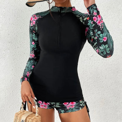 Langärmliger Rashguard-Badeanzug mit Frontreißverschluss und Blumenmuster für Damen-Swimwear for women-Alpenkind