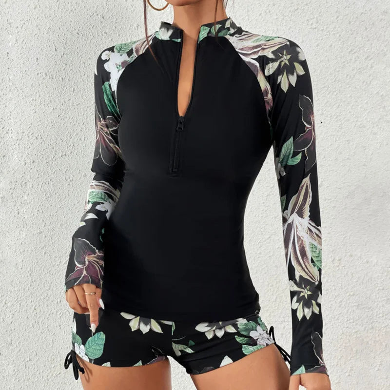 Langärmliger Rashguard-Badeanzug mit Frontreißverschluss und Blumenmuster für Damen-Swimwear for women-Alpenkind