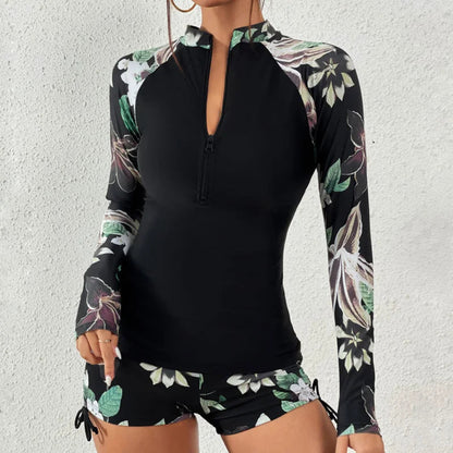 Langärmliger Rashguard-Badeanzug mit Frontreißverschluss und Blumenmuster für Damen-Swimwear for women-Alpenkind