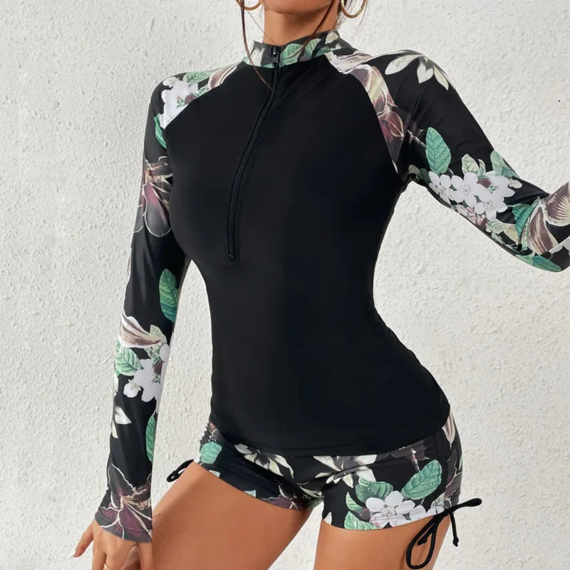 Langärmliger Rashguard-Badeanzug mit Frontreißverschluss und Blumenmuster für Damen-Swimwear for women-Alpenkind