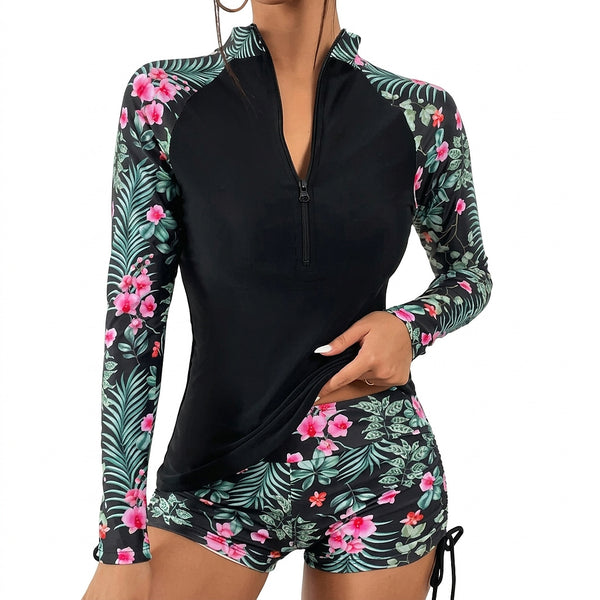 Langärmliger Rashguard-Badeanzug mit Frontreißverschluss und Blumenmuster für Damen-Swimwear for women-Alpenkind