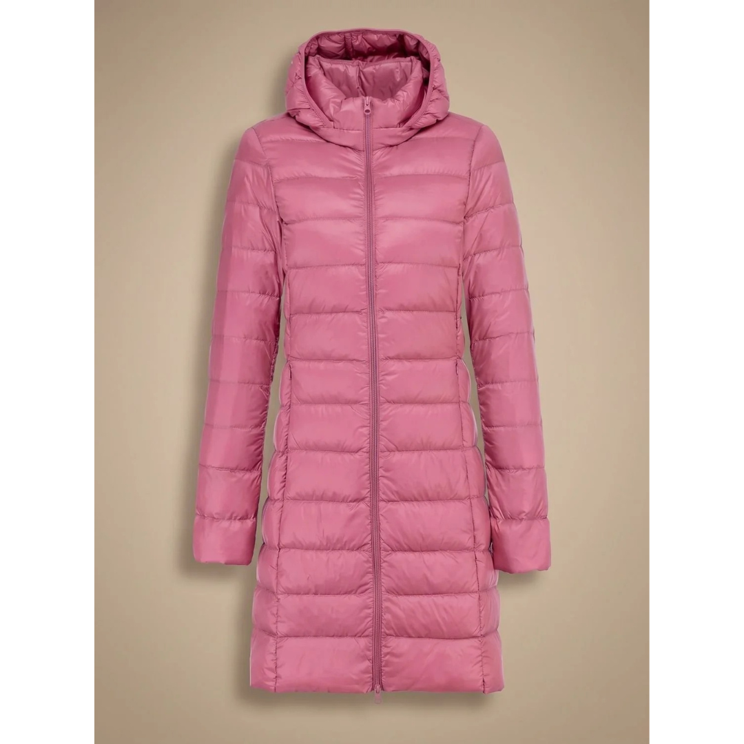Lange Damen-Steppjacke mit Kapuze und Reißverschluss-Jacket for women-Alpenkind