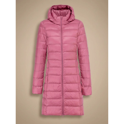 Lange Damen-Steppjacke mit Kapuze und Reißverschluss-Jacket for women-Alpenkind