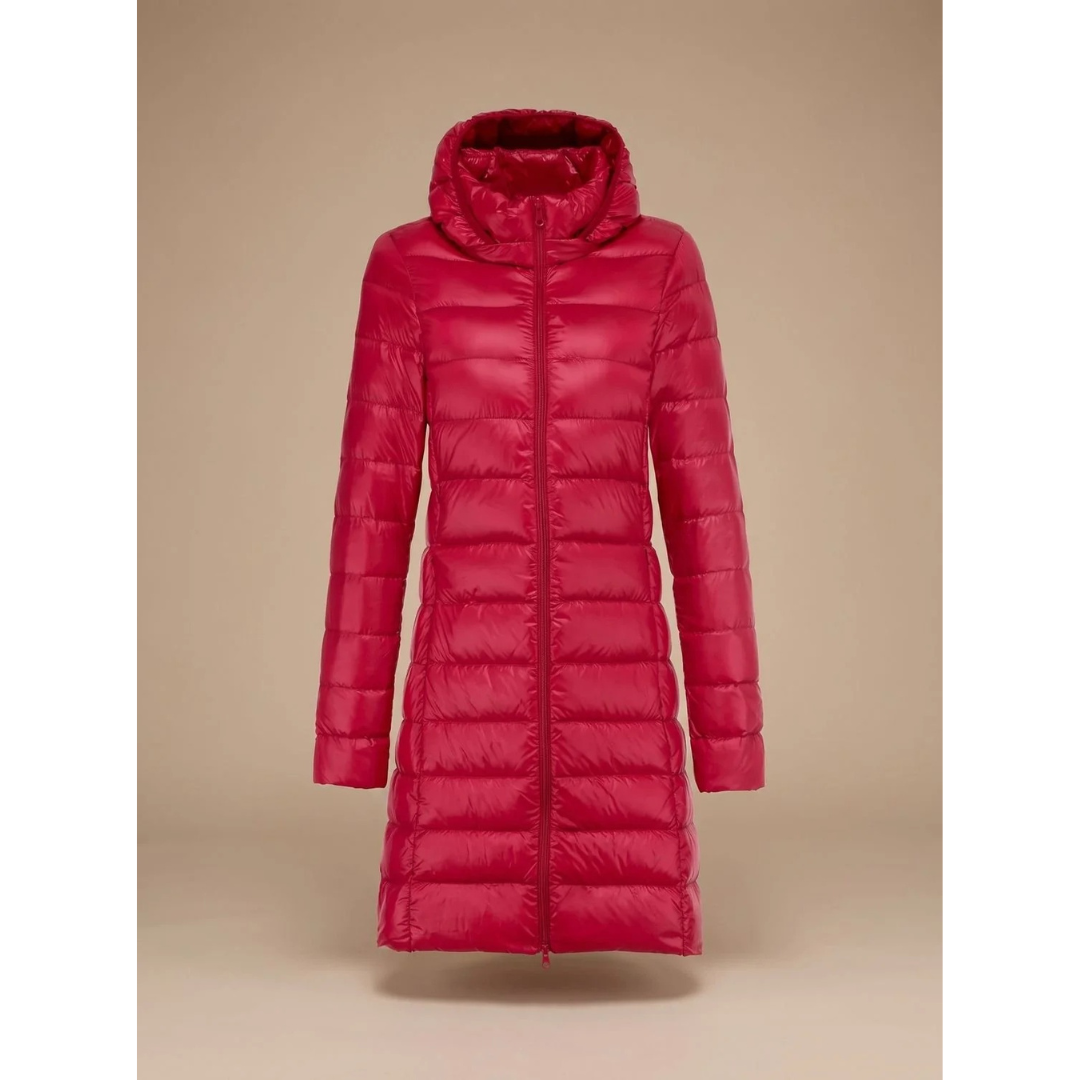 Lange Damen-Steppjacke mit Kapuze und Reißverschluss-Jacket for women-Alpenkind