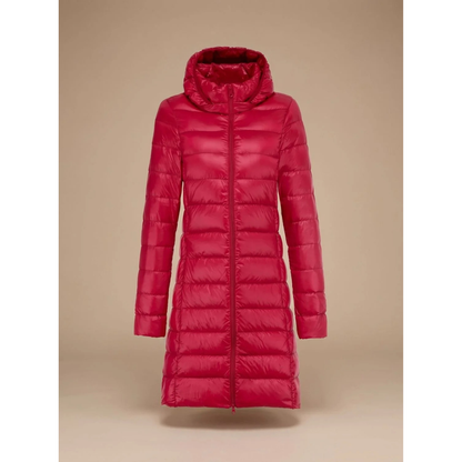 Lange Damen-Steppjacke mit Kapuze und Reißverschluss-Jacket for women-Alpenkind