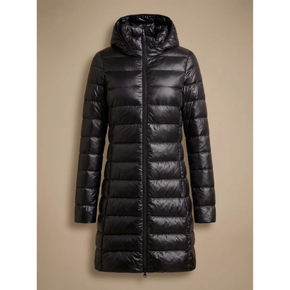 Lange Damen-Steppjacke mit Kapuze und Reißverschluss-Jacket for women-Alpenkind