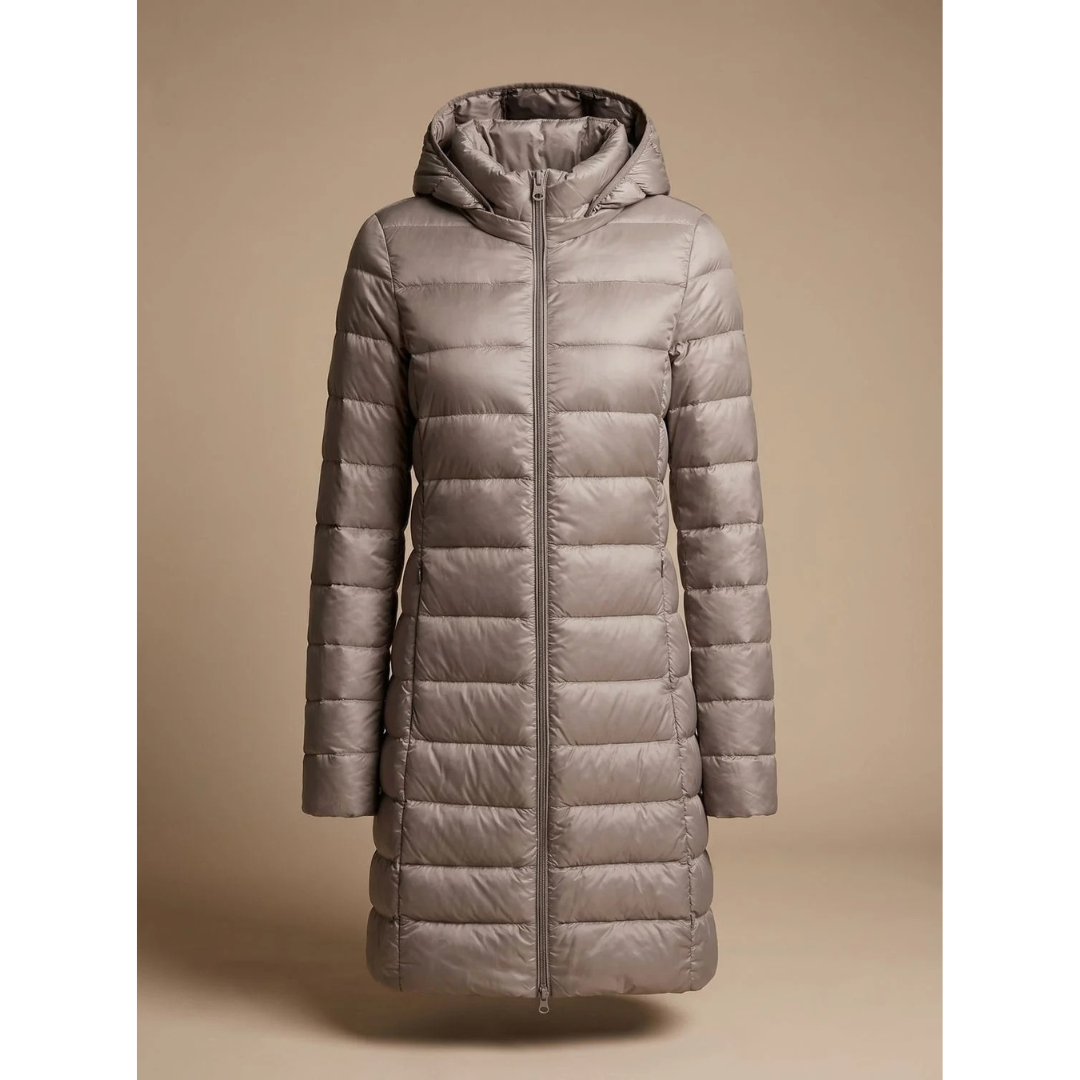 Lange Damen-Steppjacke mit Kapuze und Reißverschluss-Jacket for women-Alpenkind