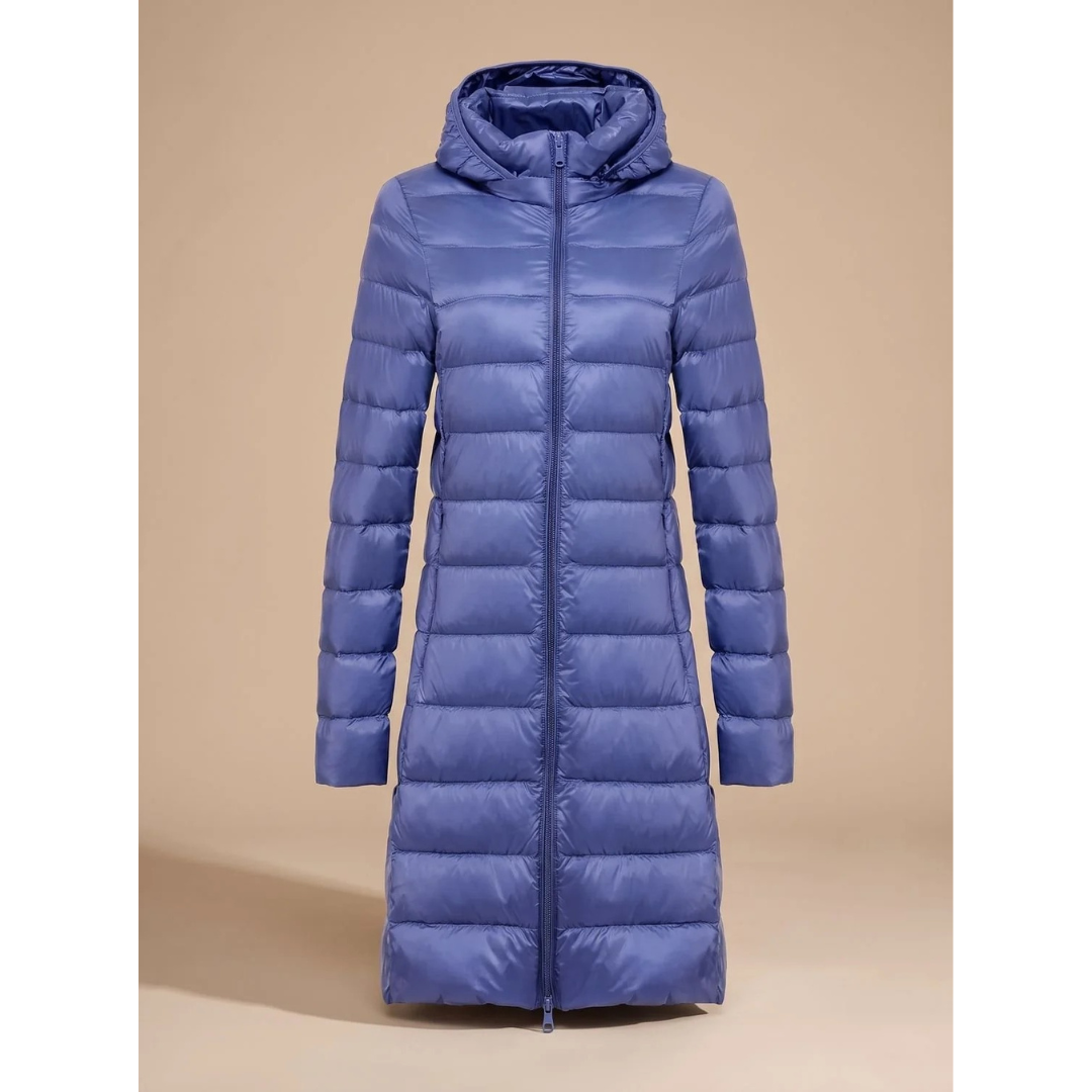 Lange Damen-Steppjacke mit Kapuze und Reißverschluss-Jacket for women-Alpenkind