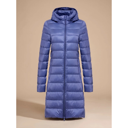 Lange Damen-Steppjacke mit Kapuze und Reißverschluss-Jacket for women-Alpenkind