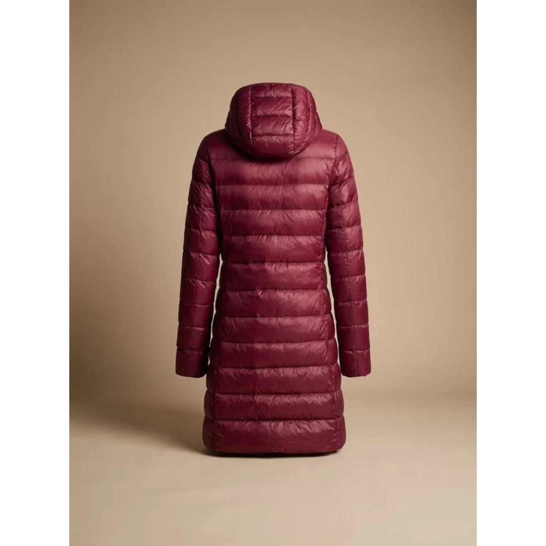 Lange Damen-Steppjacke mit Kapuze und Reißverschluss-Jacket for women-Alpenkind
