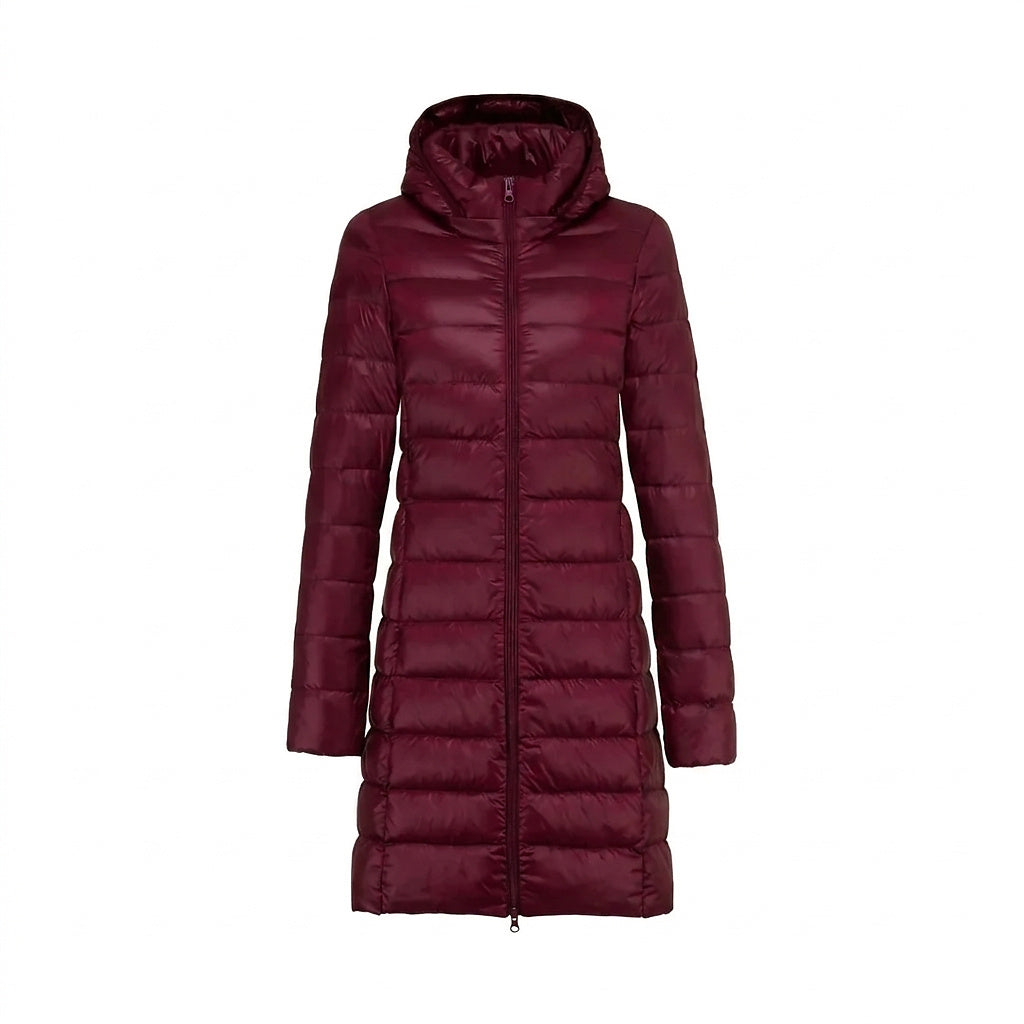 Lange Damen-Steppjacke mit Kapuze und Reißverschluss-Jacket for women-Alpenkind