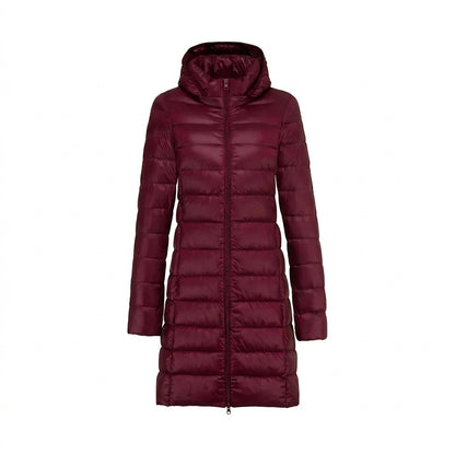Lange Damen-Steppjacke mit Kapuze und Reißverschluss-Jacket for women-Alpenkind