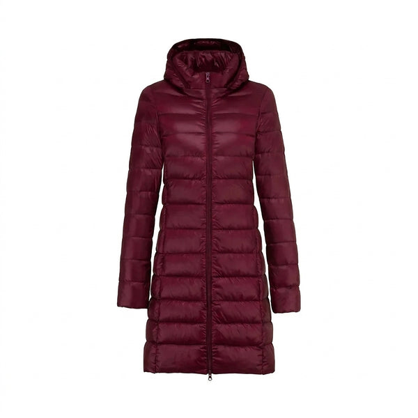 Lange Damen-Steppjacke mit Kapuze und Reißverschluss-Jacket for women-Alpenkind