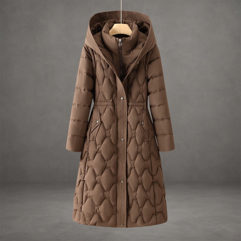 Langer Damen-Steppmantel mit Kapuze und geometrischem Steppmuster-Coats for women-Alpenkind