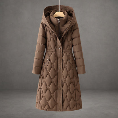 Langer Damen-Steppmantel mit Kapuze und geometrischem Steppmuster-Coats for women-Alpenkind