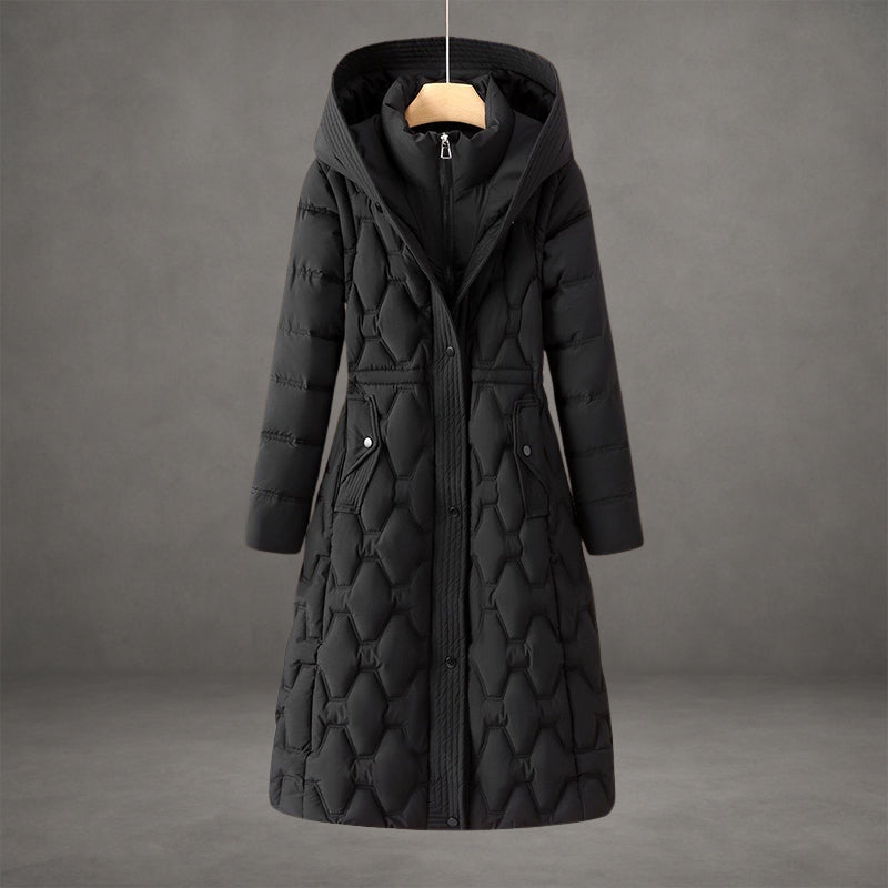 Langer Damen-Steppmantel mit Kapuze und geometrischem Steppmuster-Coats for women-Alpenkind