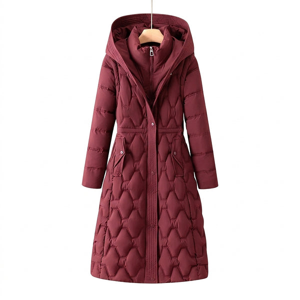 Langer Damen-Steppmantel mit Kapuze und geometrischem Steppmuster-Coats for women-Alpenkind