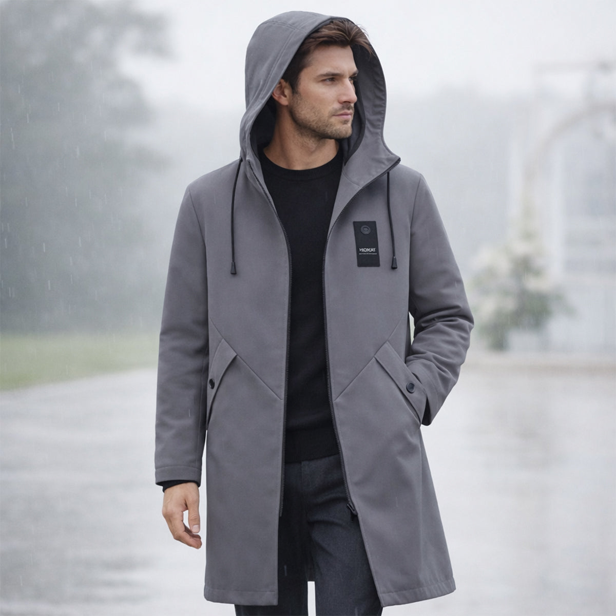 Langer Herren-Kapuzenparka mit Kordelzug und Frontreißverschluss-Jackets for men-Alpenkind