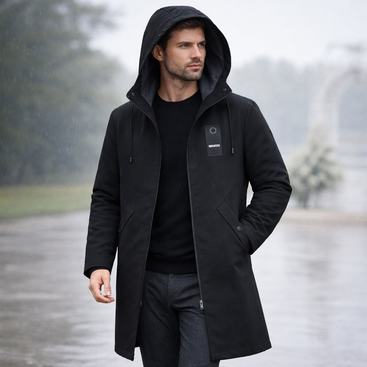 Langer Herren-Kapuzenparka mit Kordelzug und Frontreißverschluss-Jackets for men-Alpenkind