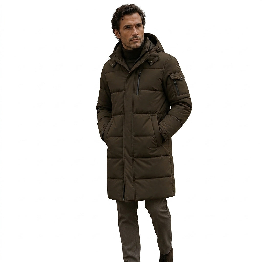 Langer Herren-Steppmantel mit Kapuze-Coats for men-Alpenkind
