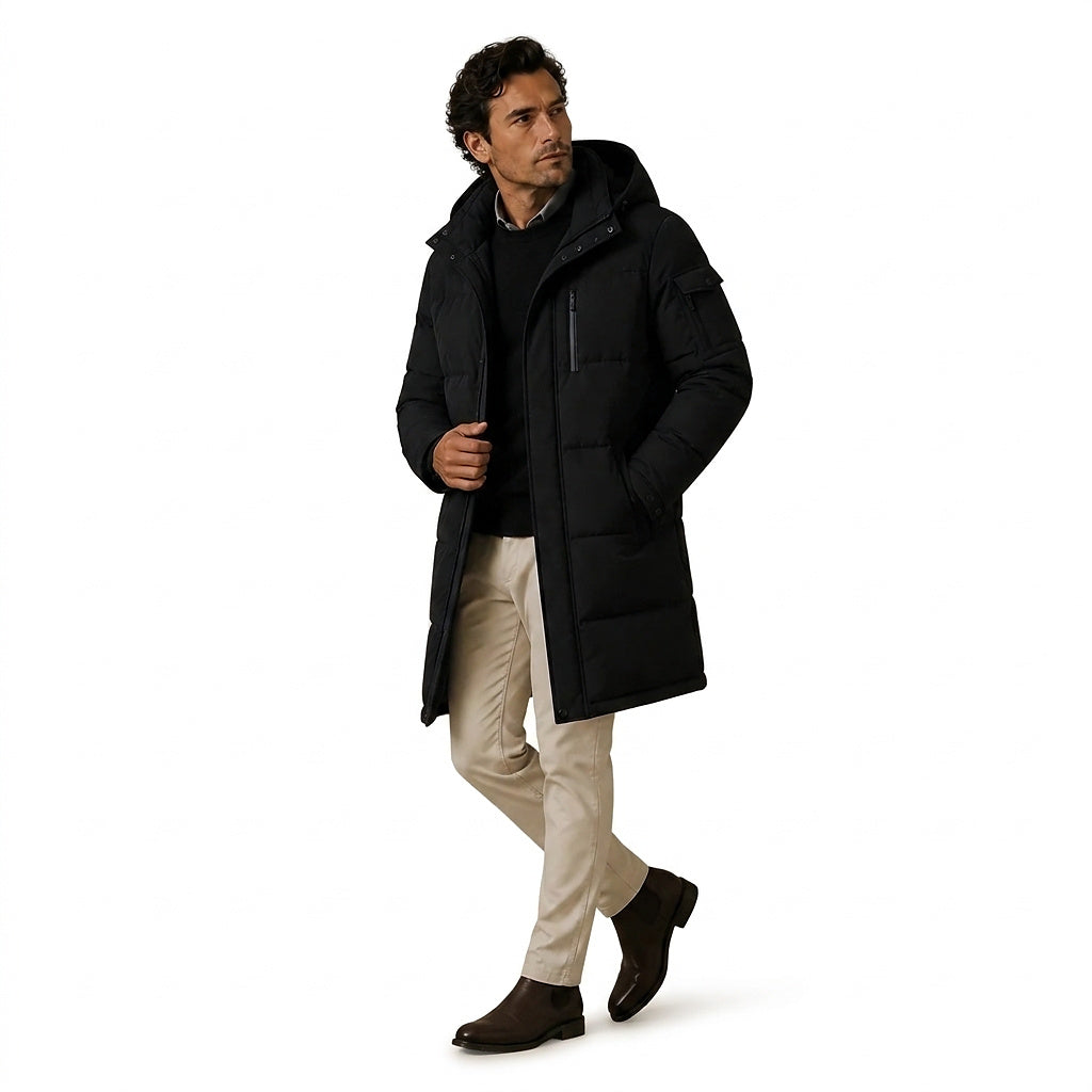 Langer Herren-Steppmantel mit Kapuze-Coats for men-Alpenkind