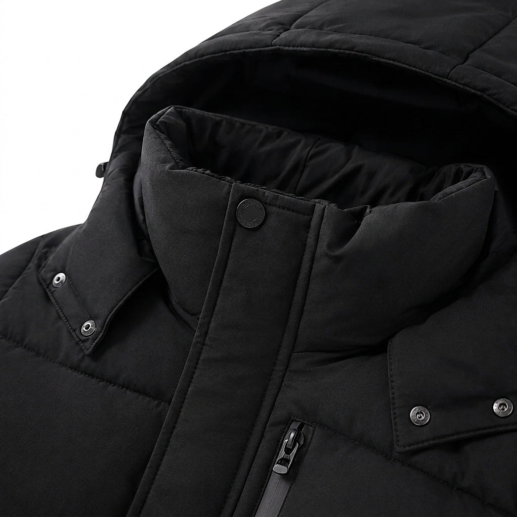 Langer Herren-Steppmantel mit Kapuze-Coats for men-Alpenkind
