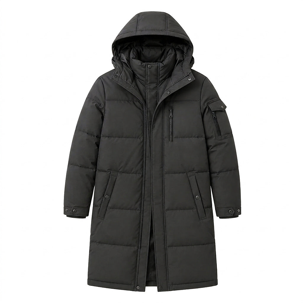 Langer Herren-Steppmantel mit Kapuze-Coats for men-Alpenkind