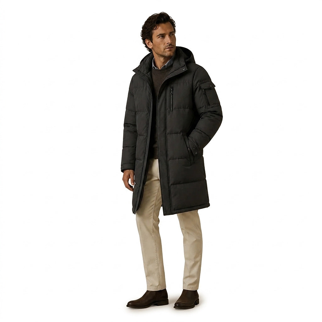 Langer Herren-Steppmantel mit Kapuze-Coats for men-Alpenkind