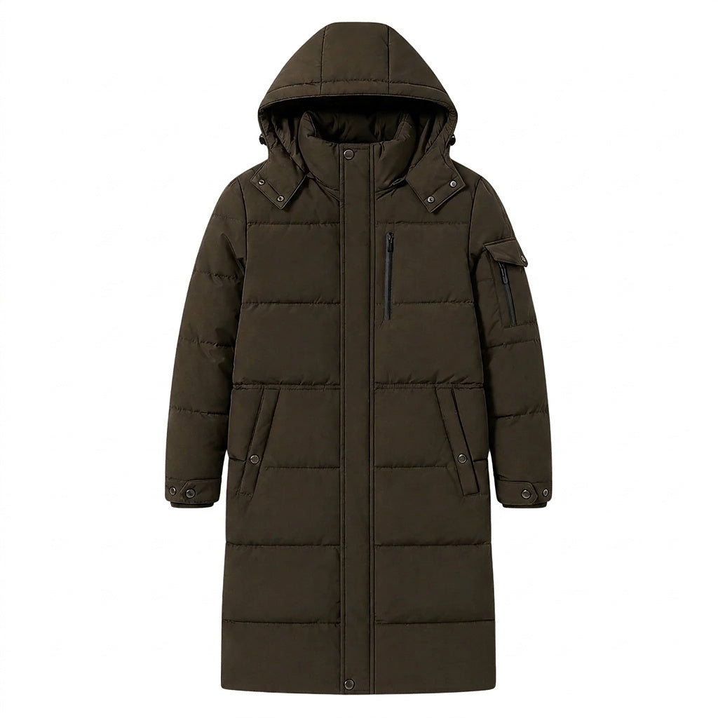 Langer Herren-Steppmantel mit Kapuze-Coats for men-Alpenkind