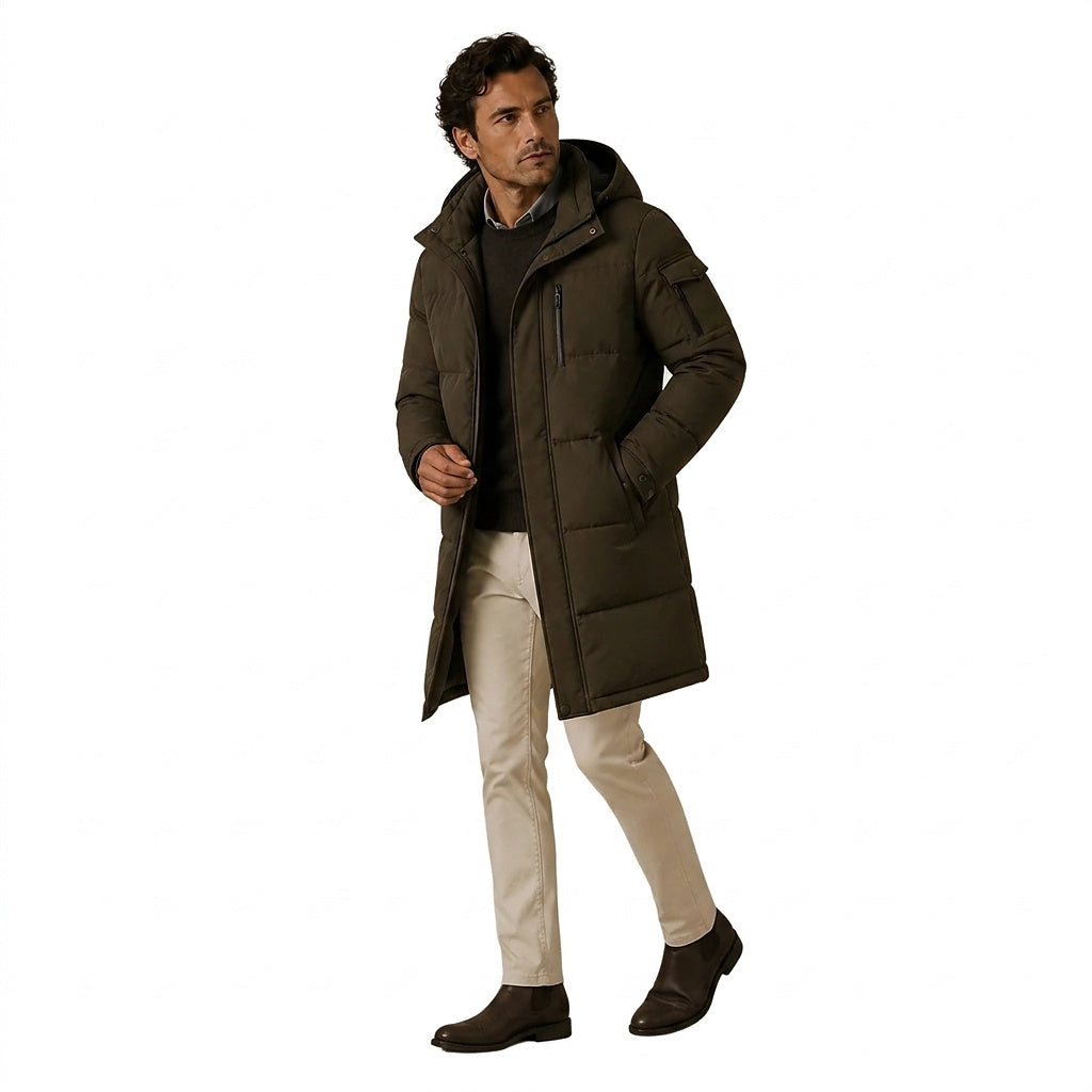 Langer Herren-Steppmantel mit Kapuze-Coats for men-Alpenkind