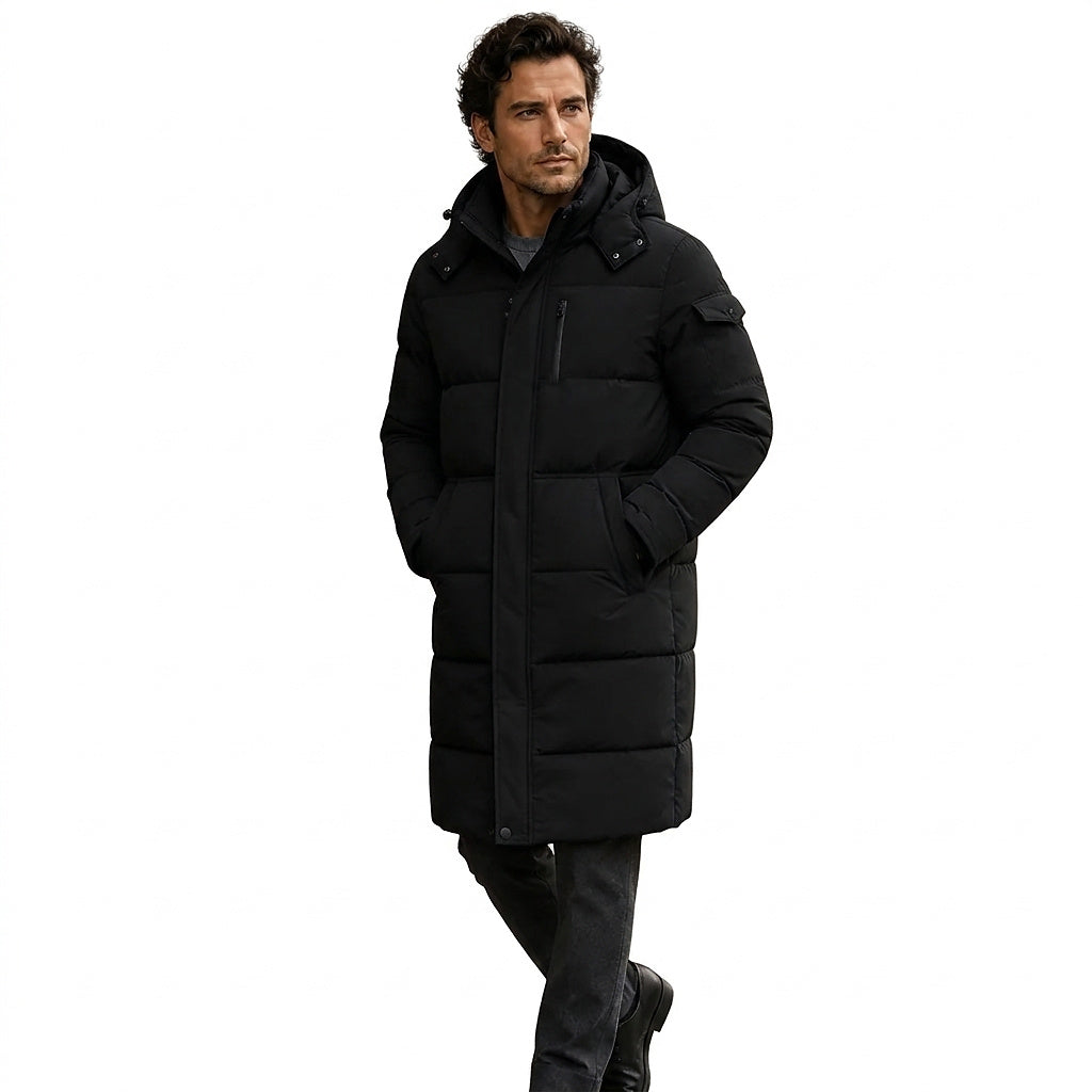 Langer Herren-Steppmantel mit Kapuze-Coats for men-Alpenkind