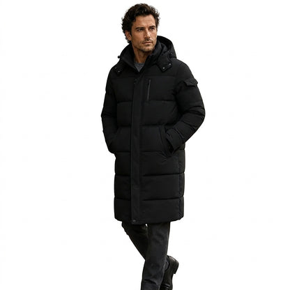 Langer Herren-Steppmantel mit Kapuze-Coats for men-Alpenkind