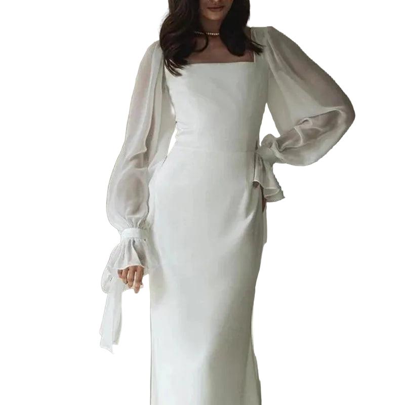 Langes Damenkleid mit eckigem Ausschnitt und transparenten Ärmeln-Maxi Dress-Alpenkind