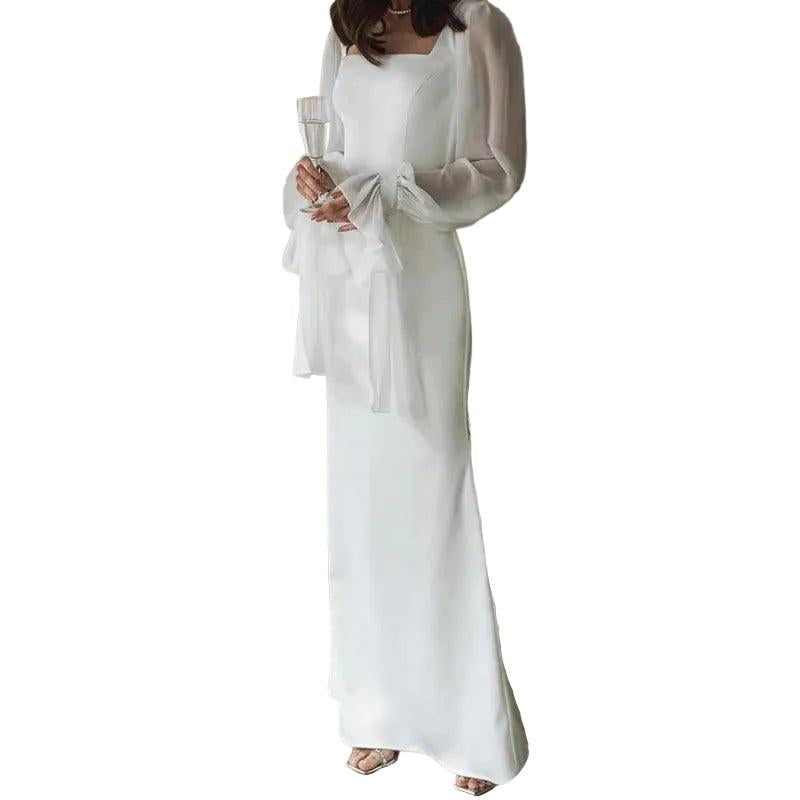 Langes Damenkleid mit eckigem Ausschnitt und transparenten Ärmeln-Maxi Dress-Alpenkind