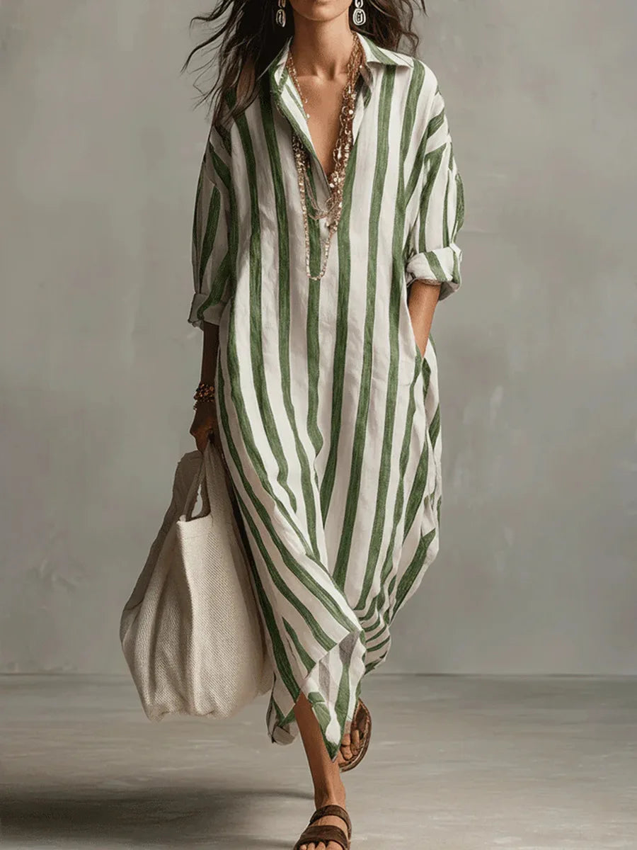 Langes gestreiftes Hemdblusenkleid für Damen-Maxi Dress-Alpenkind