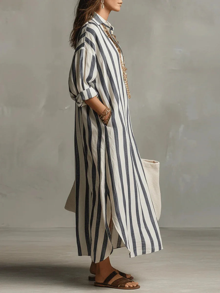 Langes gestreiftes Hemdblusenkleid für Damen-Maxi Dress-Alpenkind